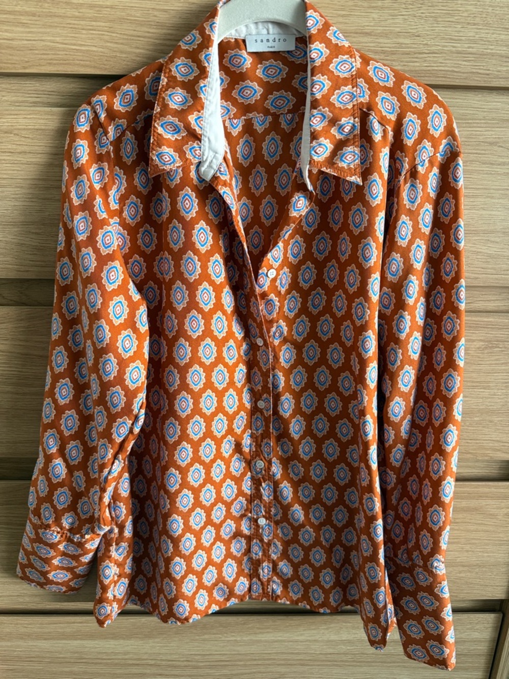 Sandro Orange Shirt with Blue and White Medallion Print